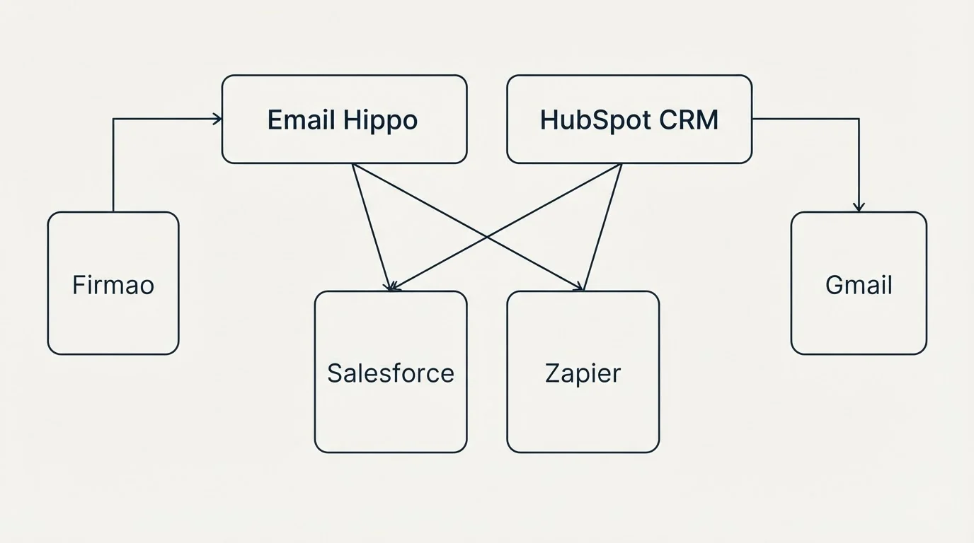 Integration grid: Integration Ecosystem (Email Hippo, HubSpot CRM, Salesforce, Zapier)