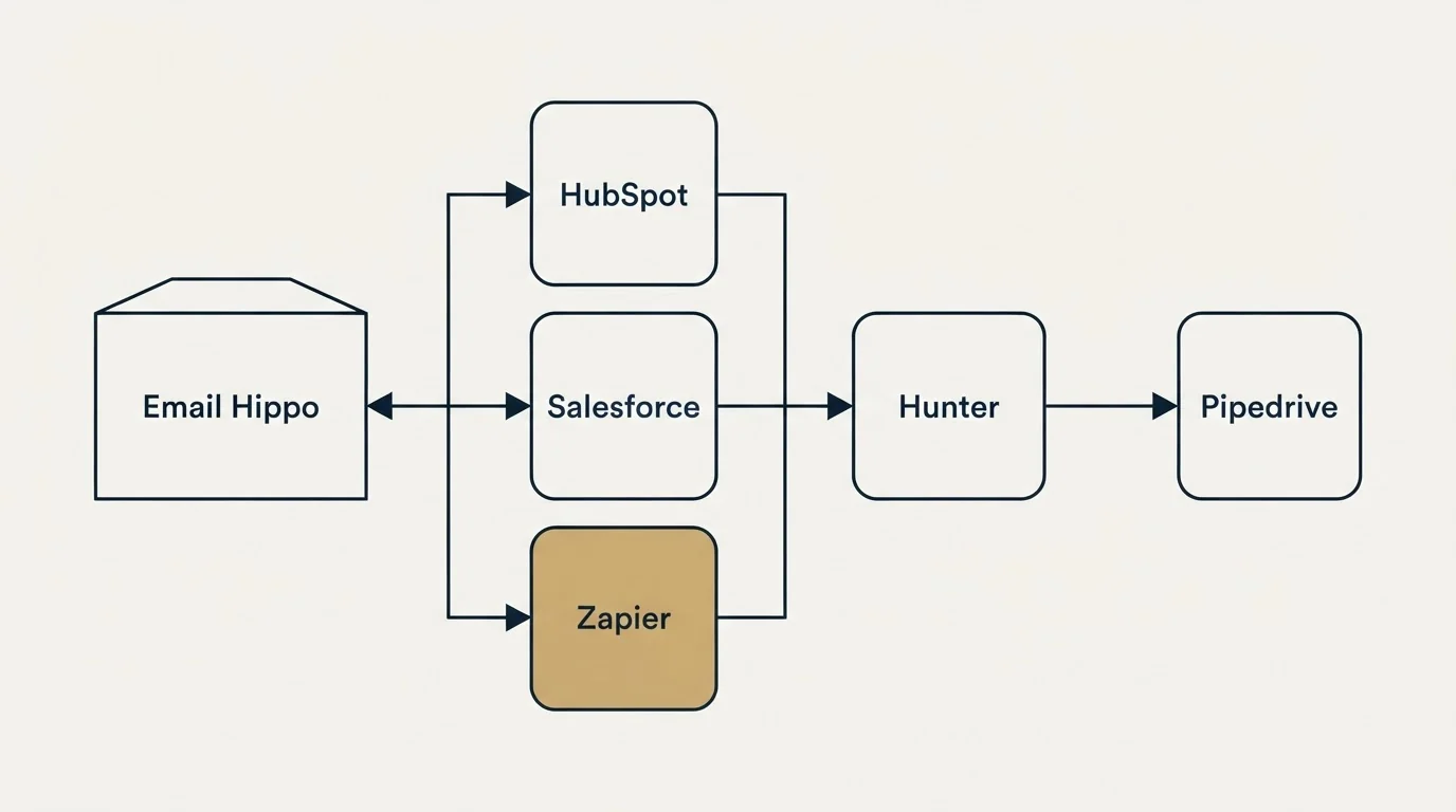 Integration flow: Integration Ecosystem (Email Hippo, Hunter, HubSpot, Salesforce)