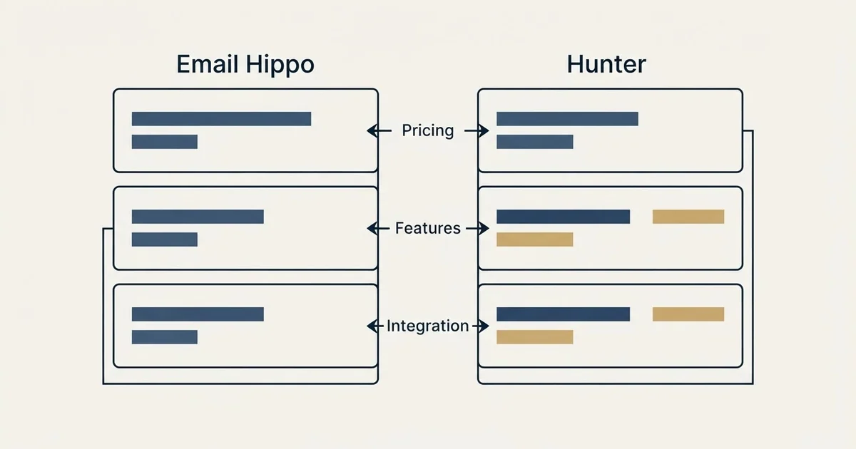 Comparison panel: Email Hippo vs Hunter (Pricing, Features, Integration)