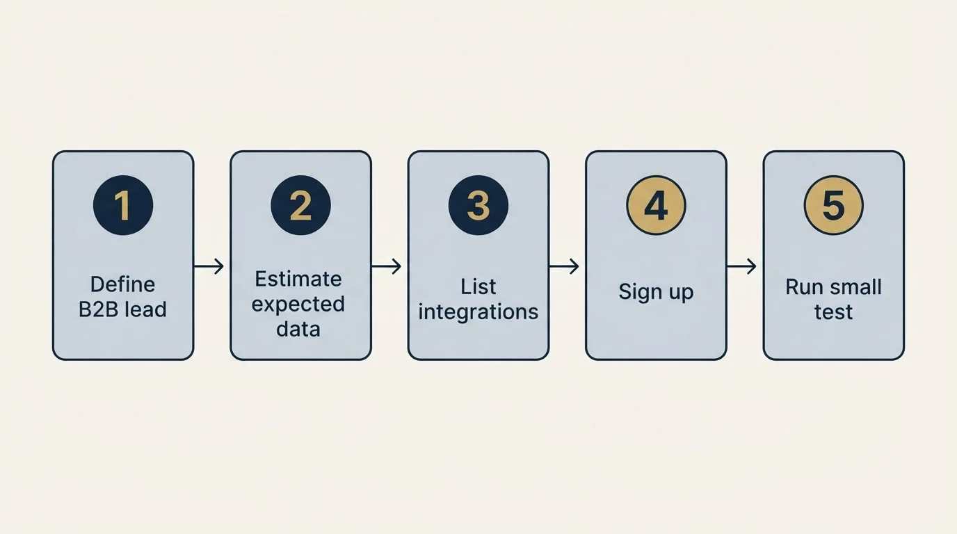 Step sequence: Getting Started Checklist (Define B2B lead, Estimate expected data, List integrations, Sign up)