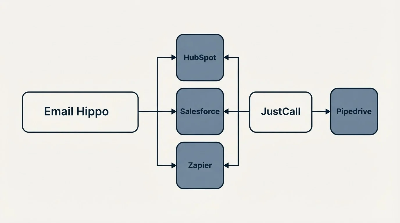 Integration flow: Integration Ecosystem (Email Hippo, JustCall, HubSpot, Salesforce)