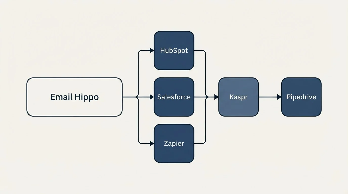 Integration flow: Integration Ecosystem (Email Hippo, Kaspr, HubSpot, Salesforce)
