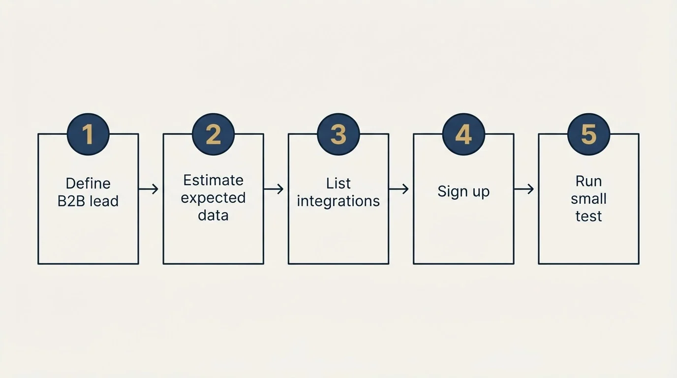Step sequence: Getting Started Checklist (Define B2B lead, Estimate expected data, List integrations, Sign up)