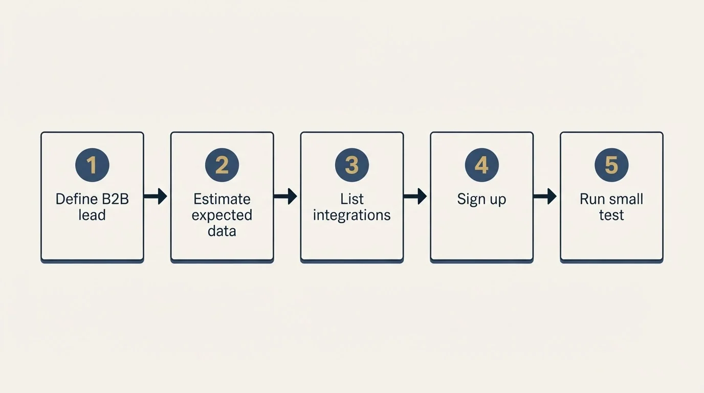 Step sequence: Getting Started Checklist (Define B2B lead, Estimate expected data, List integrations, Sign up)