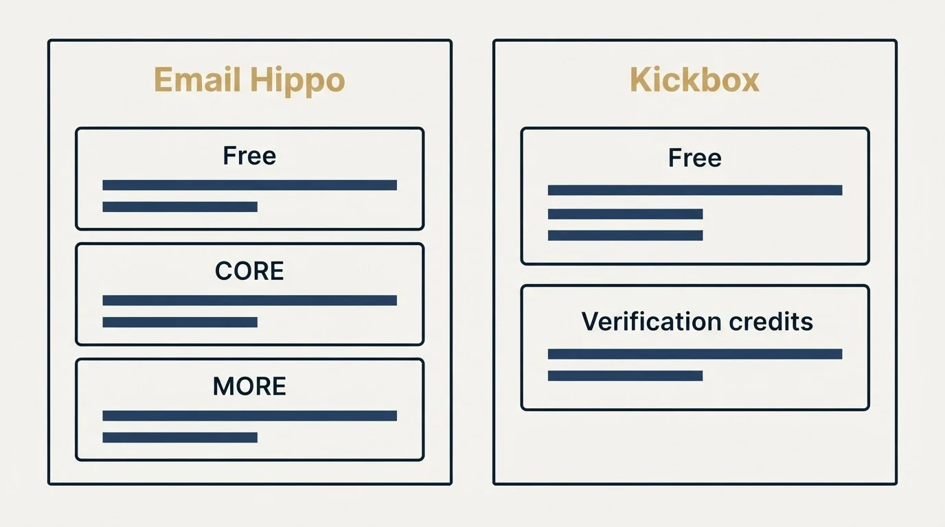 Pricing panels: Pricing Comparison (Email Hippo, Kickbox, Free, CORE)