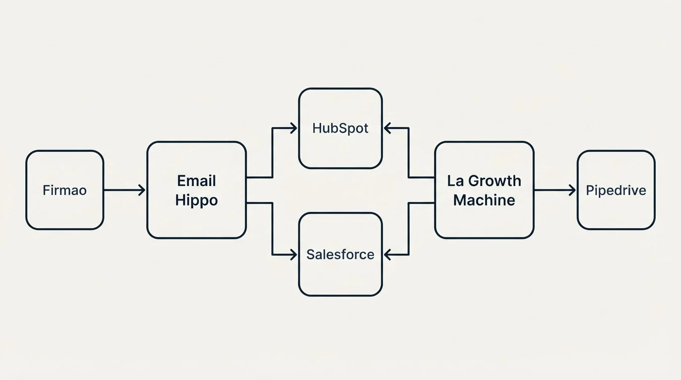Integration flow: Integration Ecosystem (Email Hippo, La Growth Machine, HubSpot, Salesforce)