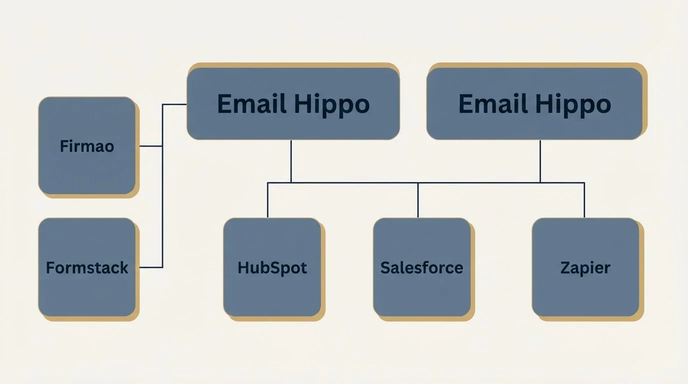 Integration grid: Integration Ecosystem (Email Hippo, HubSpot, Salesforce, Zapier)