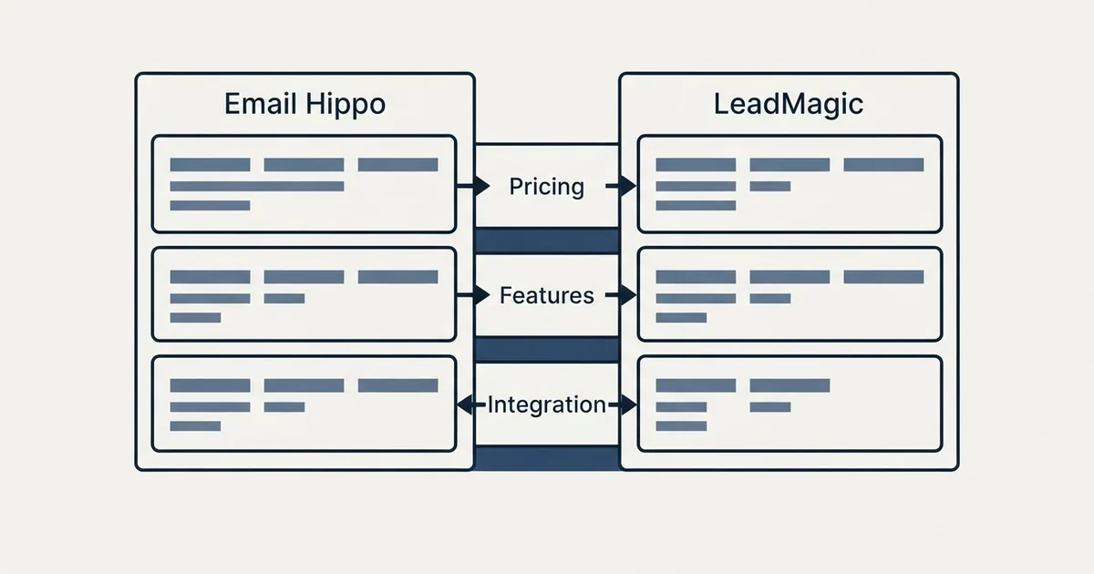 Comparison panel: Email Hippo vs LeadMagic (Pricing, Features, Integration)