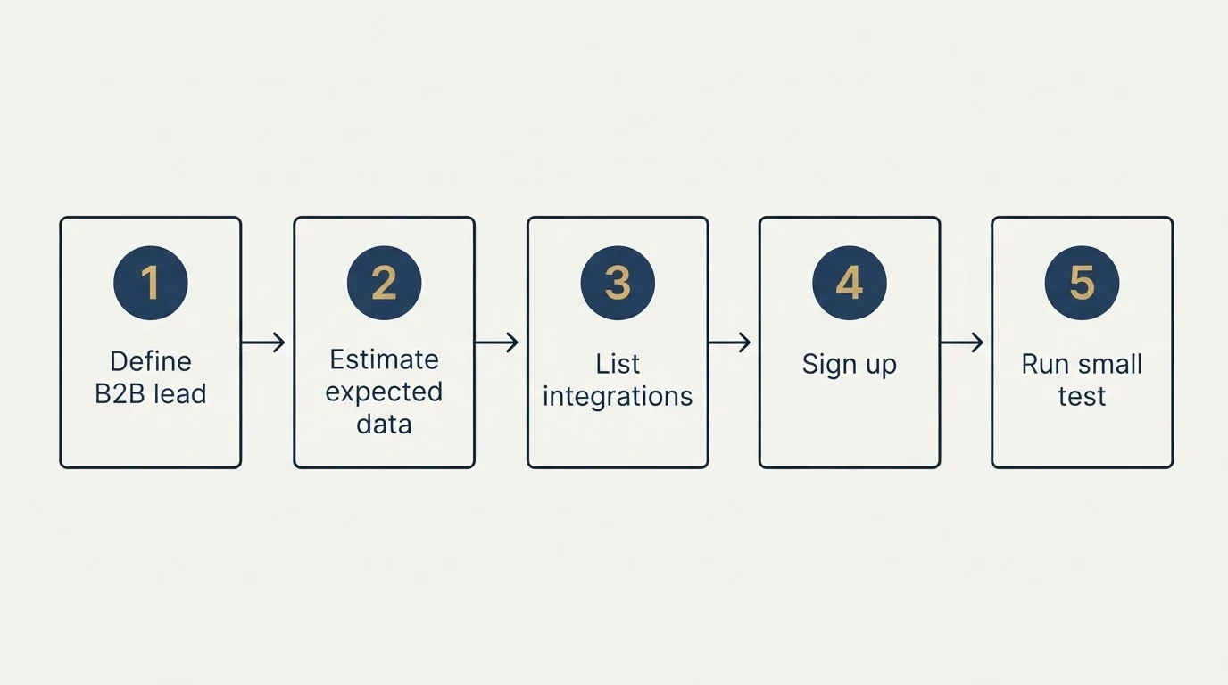 Step sequence: Getting Started Checklist (Define B2B lead, Estimate expected data, List integrations, Sign up)