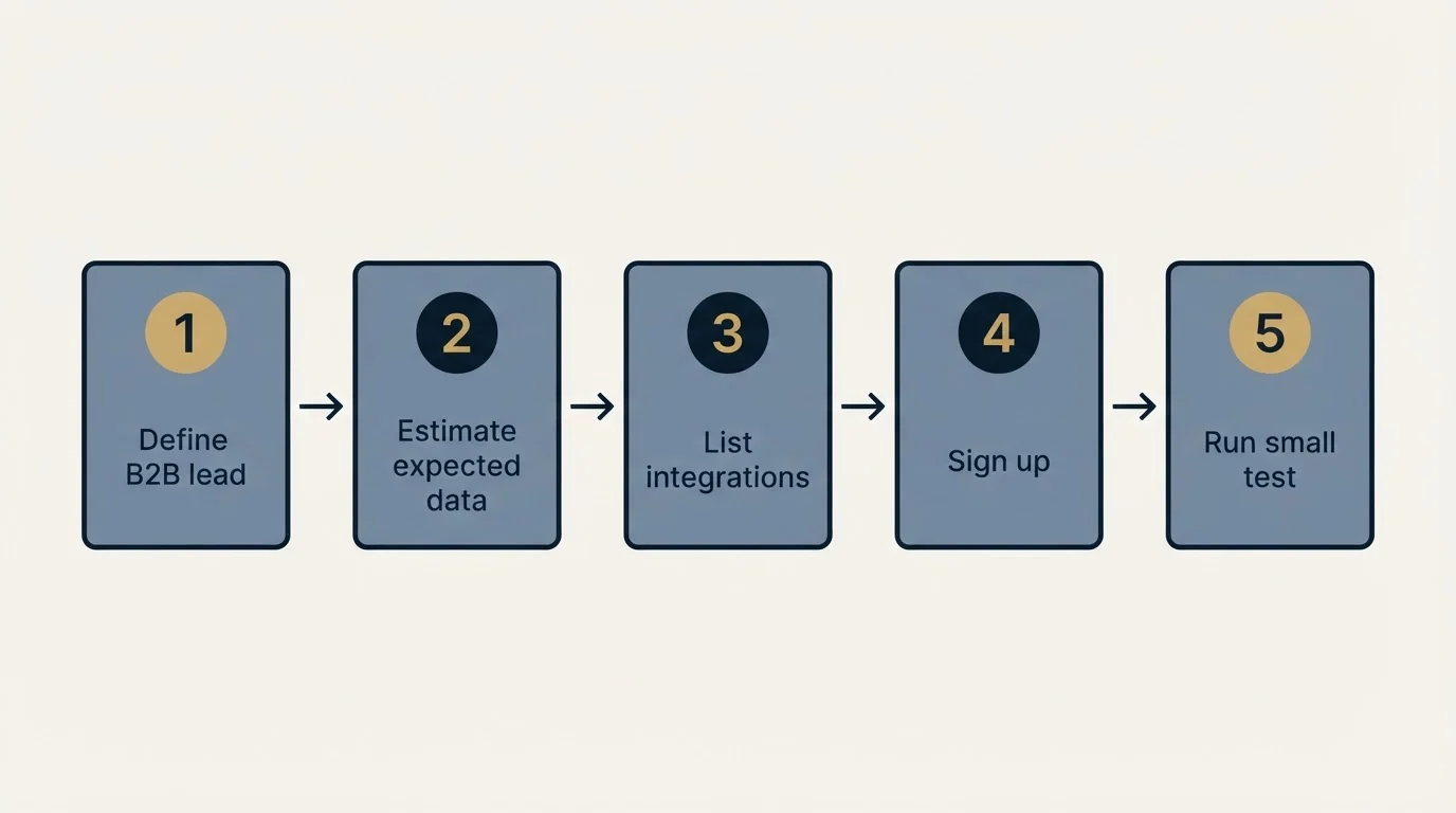 Step sequence: Getting Started Checklist (Define B2B lead, Estimate expected data, List integrations, Sign up)