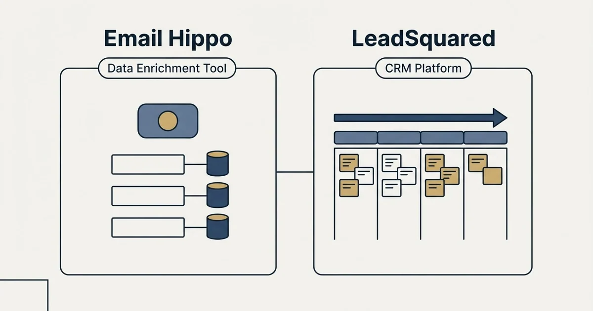 Side-by-side panels: Email Hippo vs LeadSquared (Data Enrichment Tool, CRM Platform)
