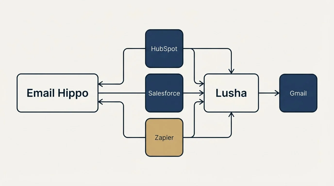 Integration schematic: Integration Ecosystem (Email Hippo, Lusha, HubSpot, Salesforce)