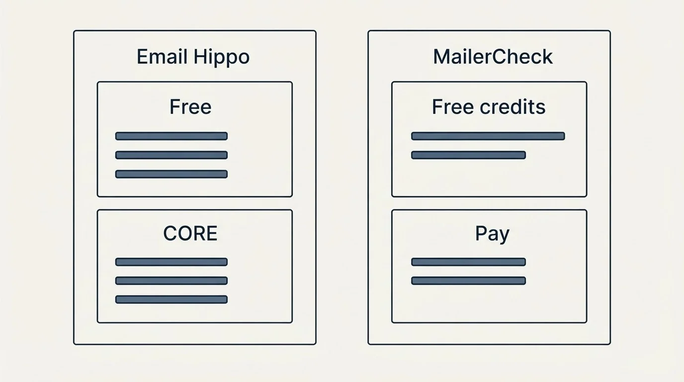 Pricing panels: Pricing Comparison (Email Hippo, MailerCheck, Free, Free credits)