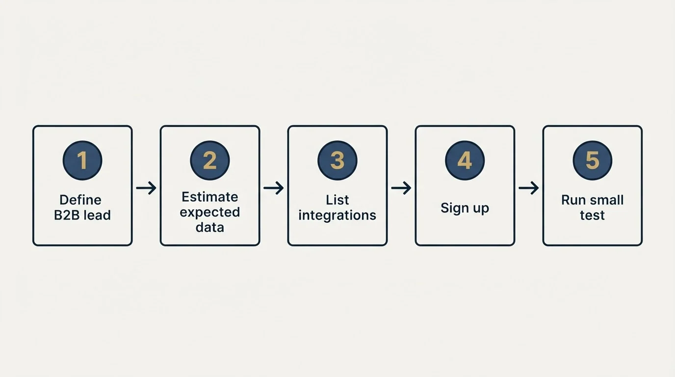 Step sequence: Getting Started Checklist (Define B2B lead, Estimate expected data, List integrations, Sign up)