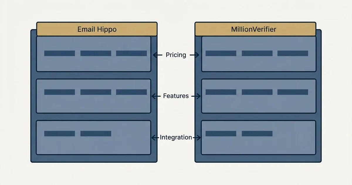 Comparison panel: Email Hippo vs MillionVerifier (Pricing, Features, Integration)