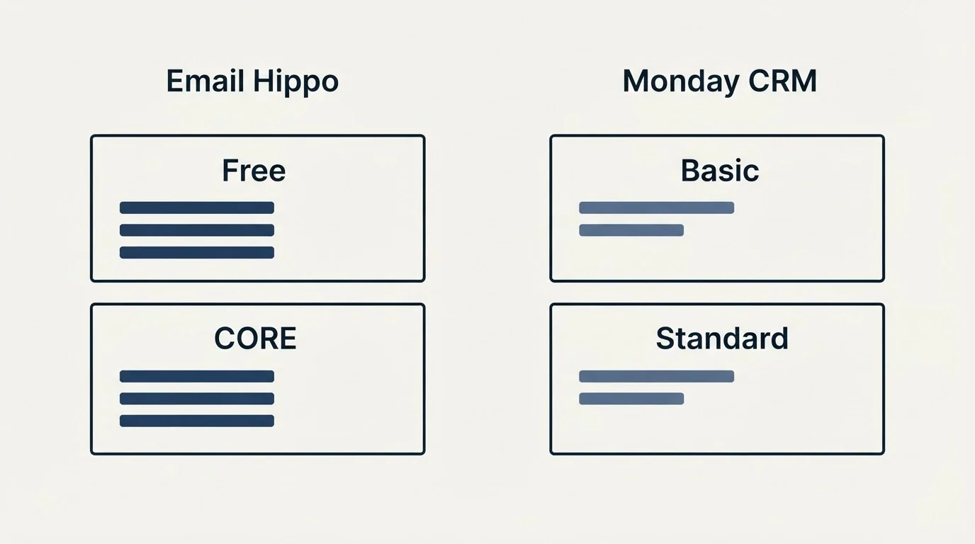 Pricing panels: Pricing Comparison (Email Hippo, Monday CRM, Free, Basic)