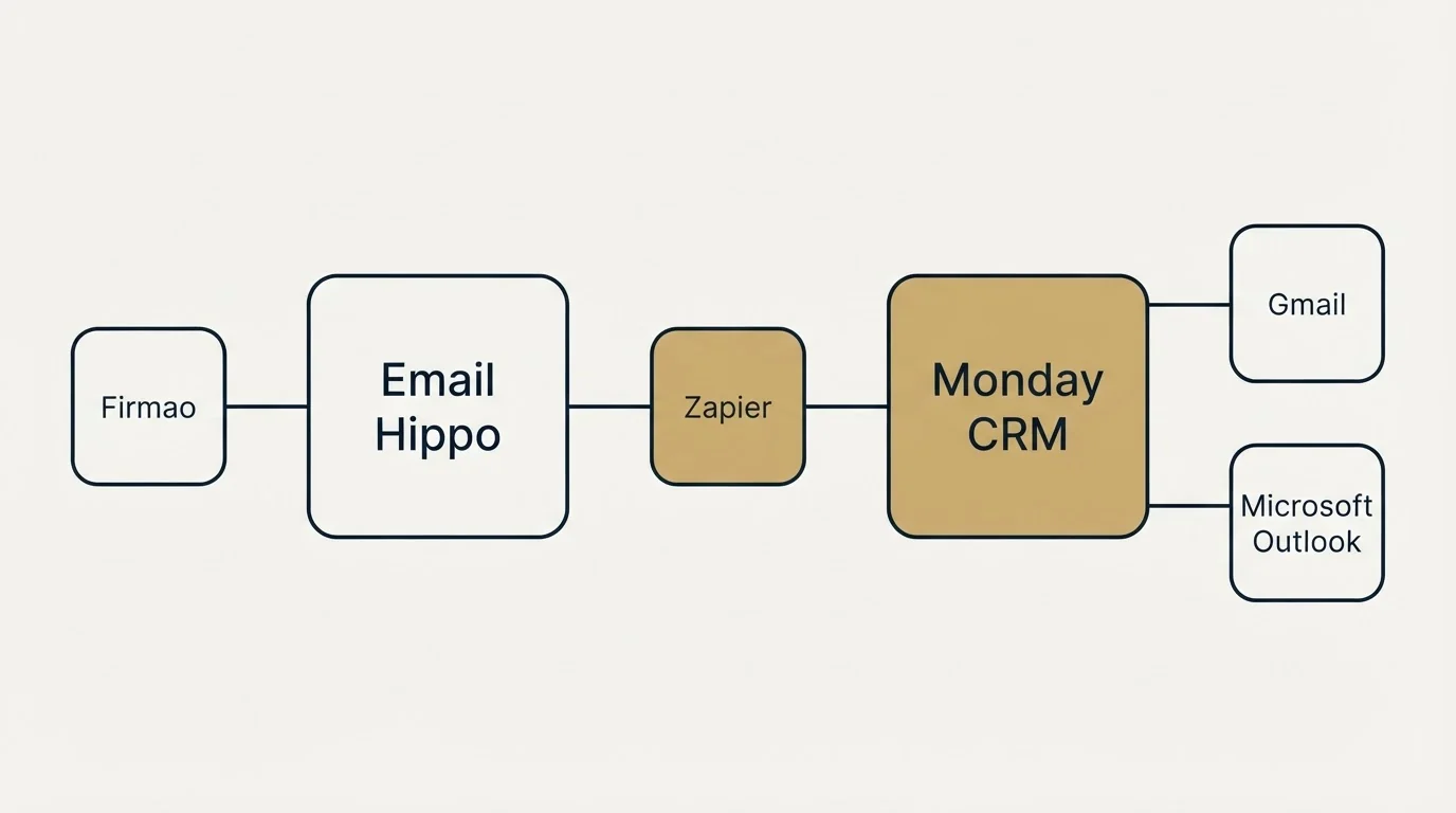 Integration flow: Integration Ecosystem (Email Hippo, Monday CRM, Zapier, Gmail)
