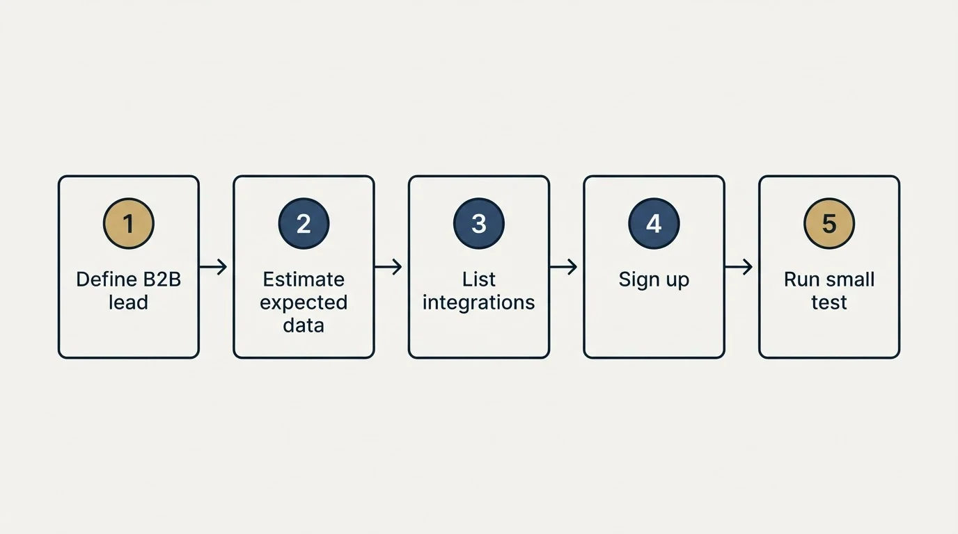 Step sequence: Getting Started Checklist (Define B2B lead, Estimate expected data, List integrations, Sign up)