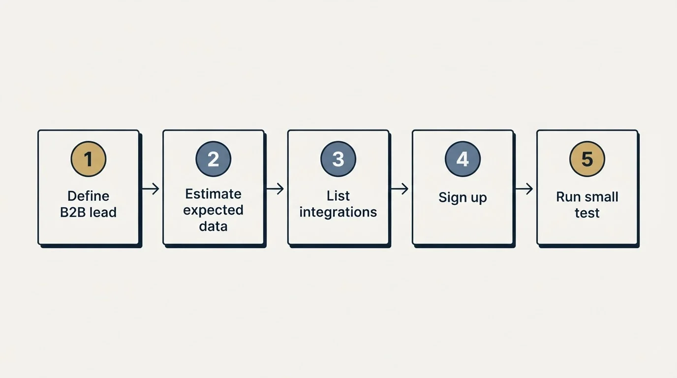 Step sequence: Getting Started Checklist (Define B2B lead, Estimate expected data, List integrations, Sign up)