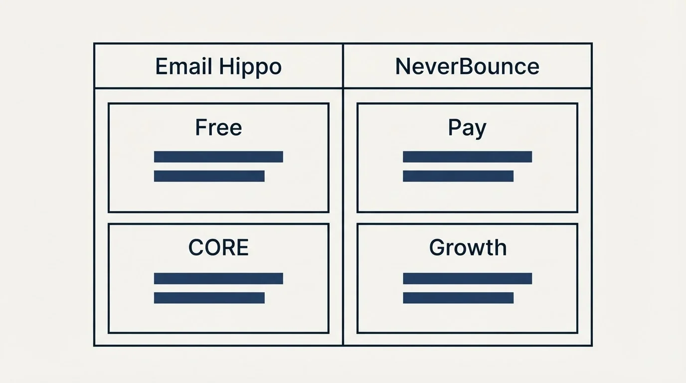 Pricing table: Pricing Comparison (Email Hippo, NeverBounce, Free, Pay)