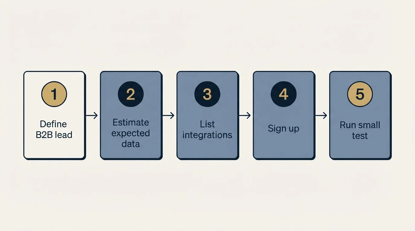 Step sequence: Getting Started Checklist (Define B2B lead, Estimate expected data, List integrations, Sign up)