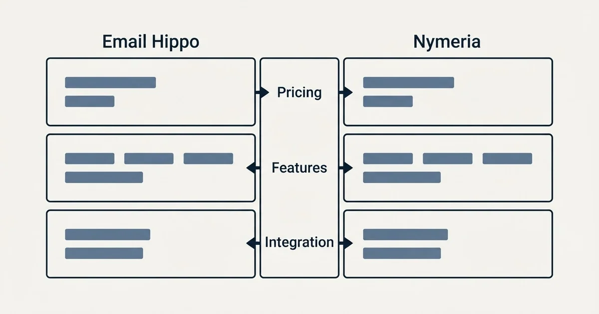 Comparison panel: Email Hippo vs Nymeria (Pricing, Features, Integration)