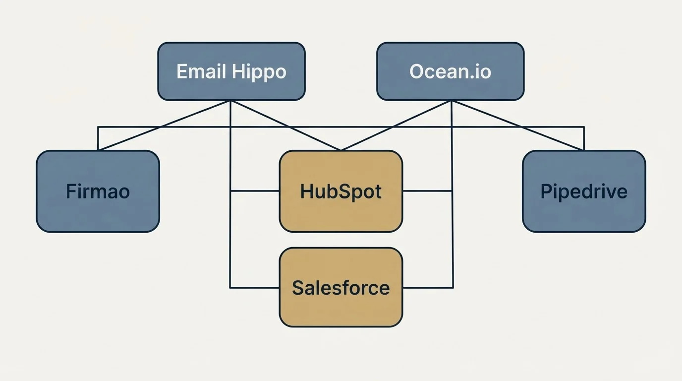 Integration grid: Integration Ecosystem (Email Hippo, Ocean.io, HubSpot, Salesforce)
