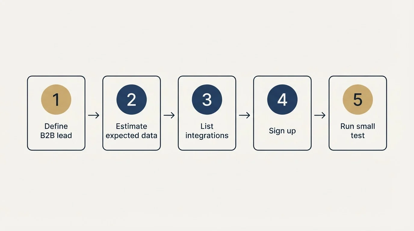 Step sequence: Getting Started Checklist (Define B2B lead, Estimate expected data, List integrations, Sign up)