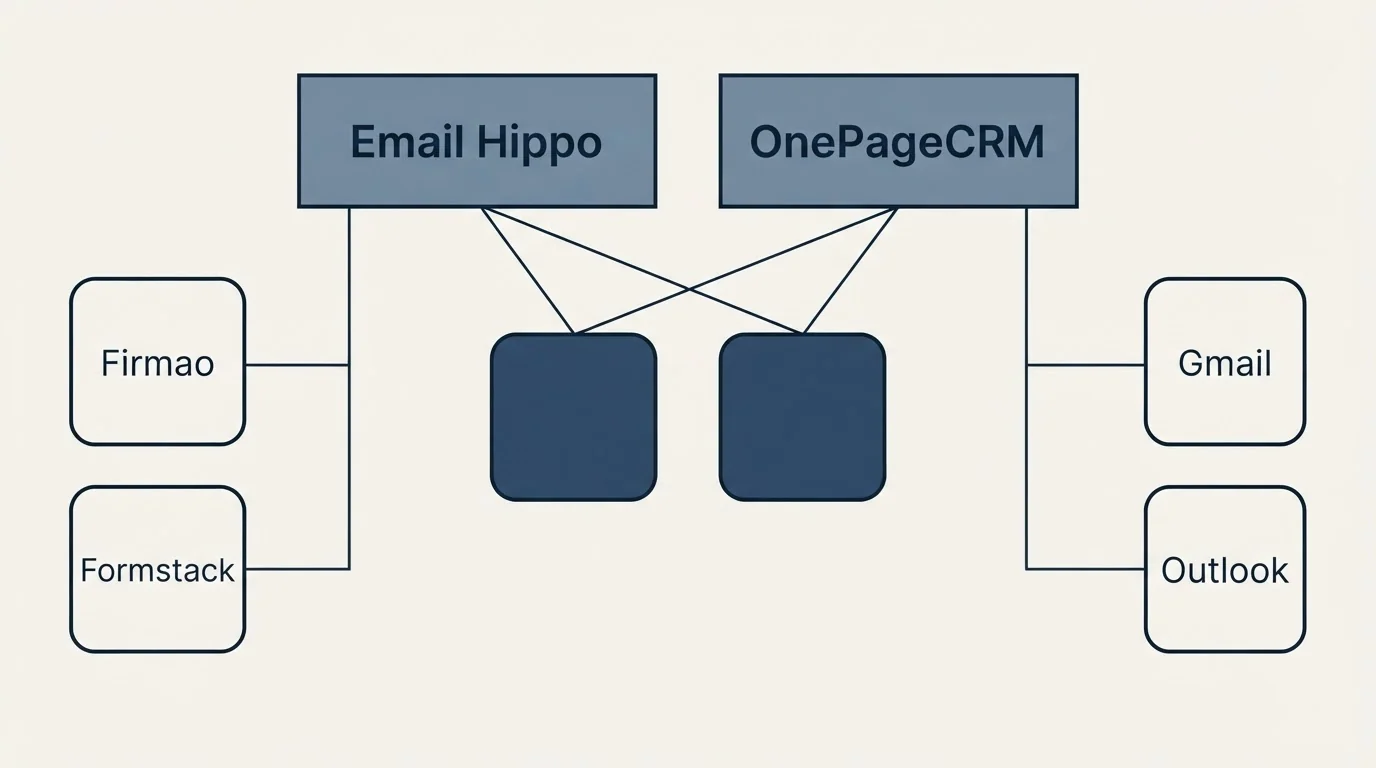 Integration grid: Integration Ecosystem (Email Hippo, OnePageCRM, Gmail, Firmao)