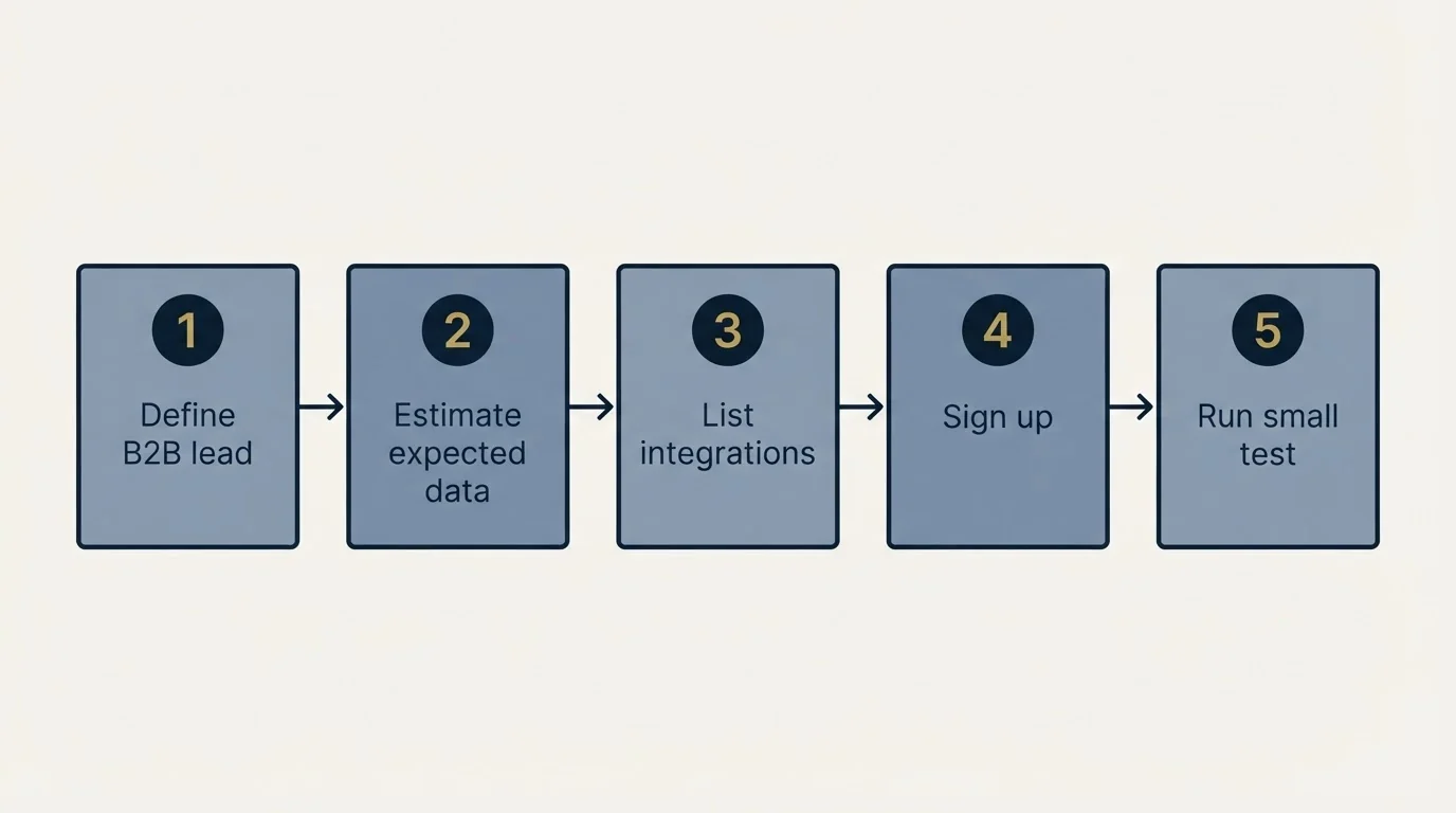 Step sequence: Getting Started Checklist (Define B2B lead, Estimate expected data, List integrations, Sign up)