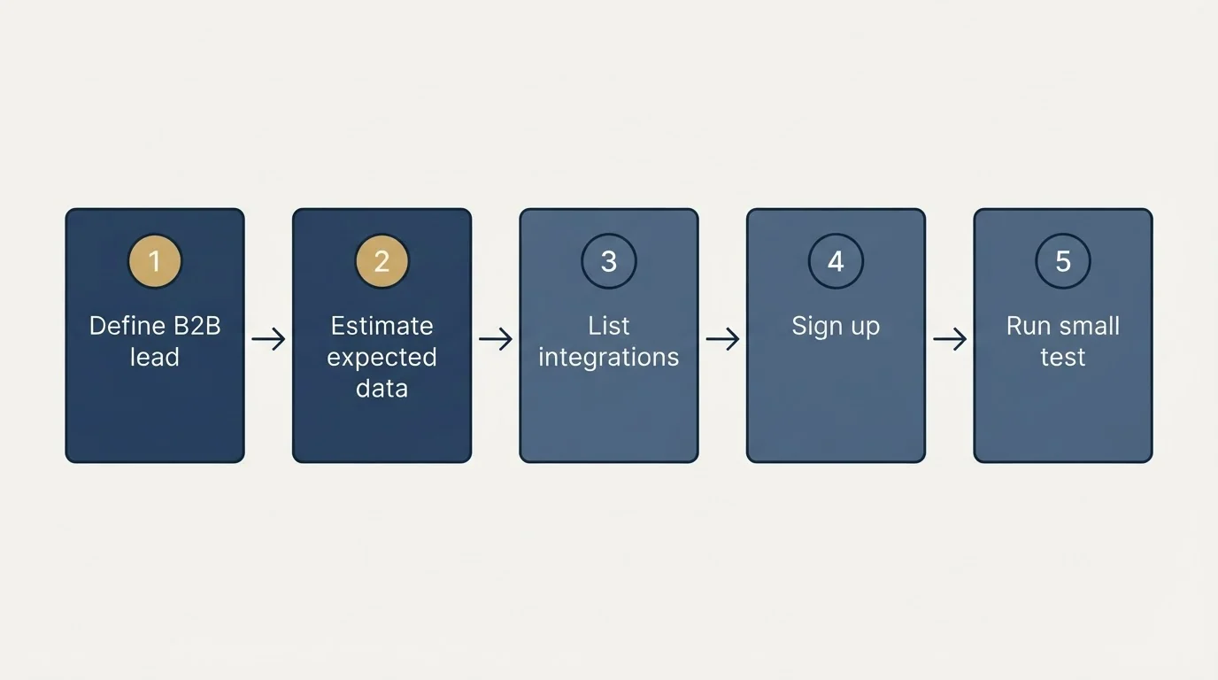 Step sequence: Getting Started Checklist (Define B2B lead, Estimate expected data, List integrations, Sign up)