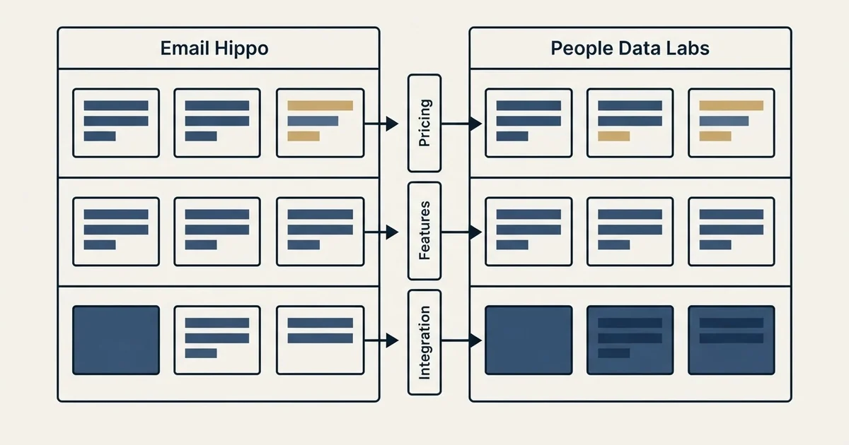 Comparison panel: Email Hippo vs People Data Labs (Pricing, Features, Integration)