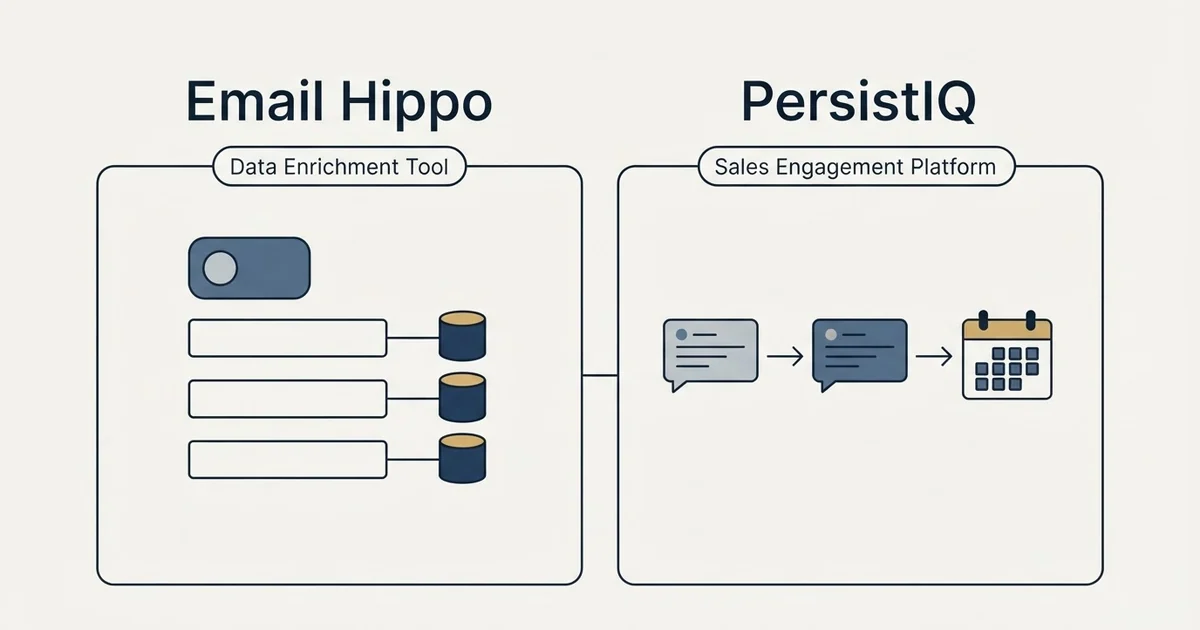Side-by-side panels: Email Hippo vs PersistIQ (Data Enrichment Tool, Sales Engagement Platform)