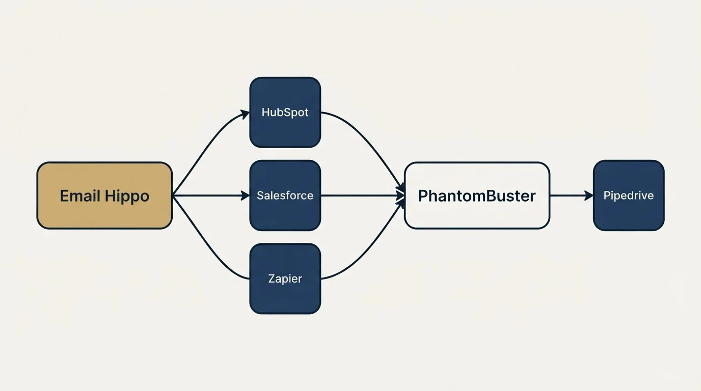 Integration schematic: Integration Ecosystem (Email Hippo, PhantomBuster, HubSpot, Salesforce)