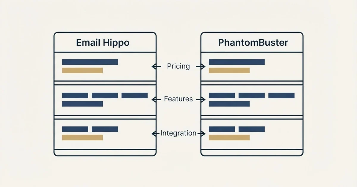 Comparison panel: Email Hippo vs PhantomBuster (Pricing, Features, Integration)