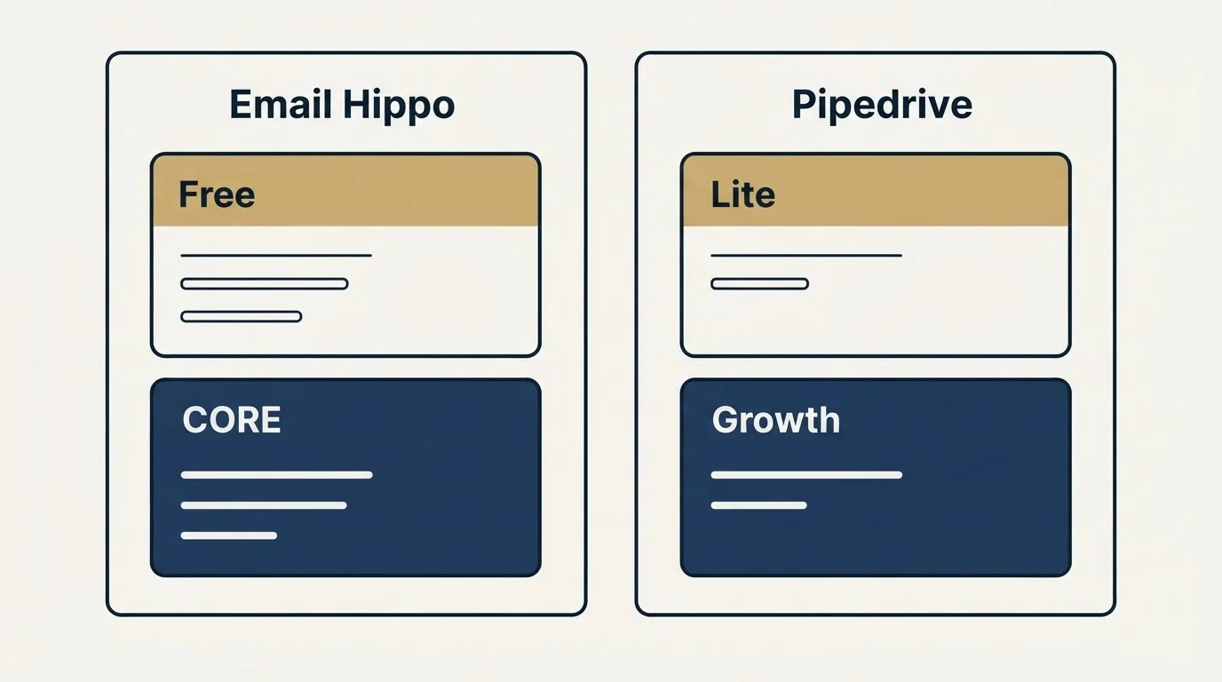 Pricing panels: Pricing Comparison (Email Hippo, Pipedrive, Free, Lite)