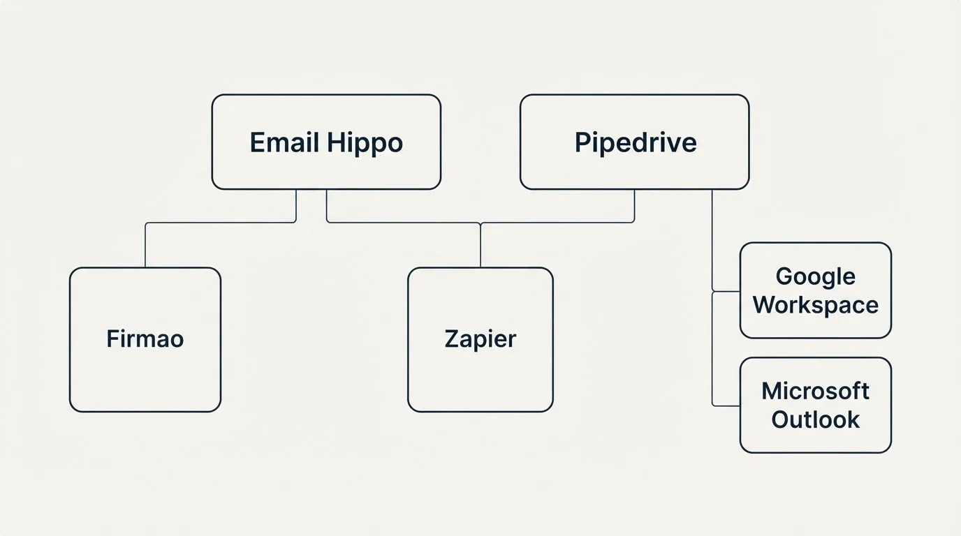 Integration grid: Integration Ecosystem (Email Hippo, Pipedrive, Zapier, Google Workspace)