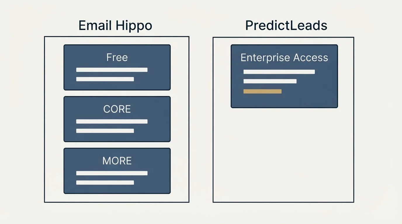 Pricing panels: Pricing Comparison (Email Hippo, PredictLeads, Free, Enterprise Access)