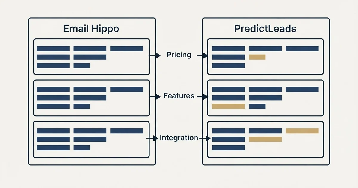 Comparison panel: Email Hippo vs PredictLeads (Pricing, Features, Integration)