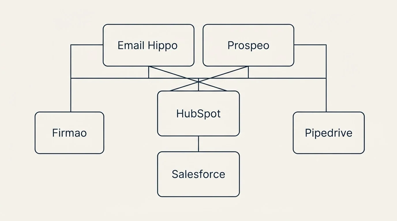Integration grid: Integration Ecosystem (Email Hippo, Prospeo, HubSpot, Salesforce)