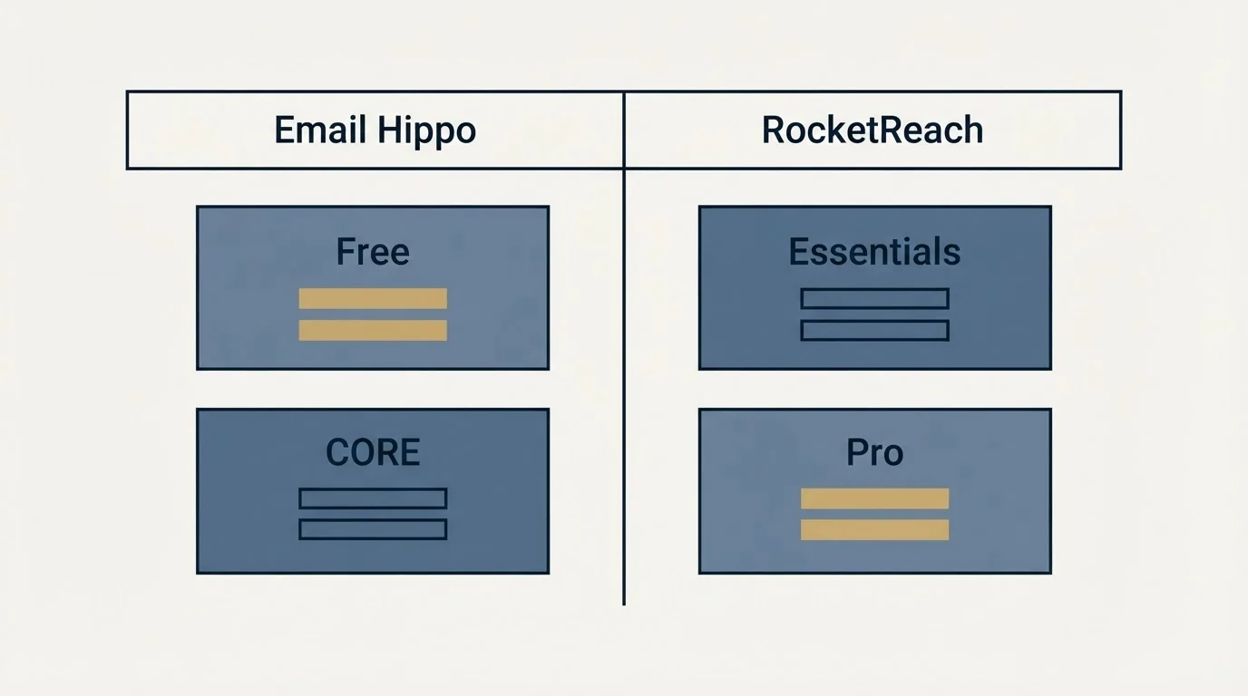 Pricing table: Pricing Comparison (Email Hippo, RocketReach, Free, Essentials)