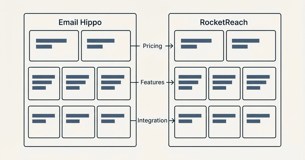Comparison panel: Email Hippo vs RocketReach (Pricing, Features, Integration)