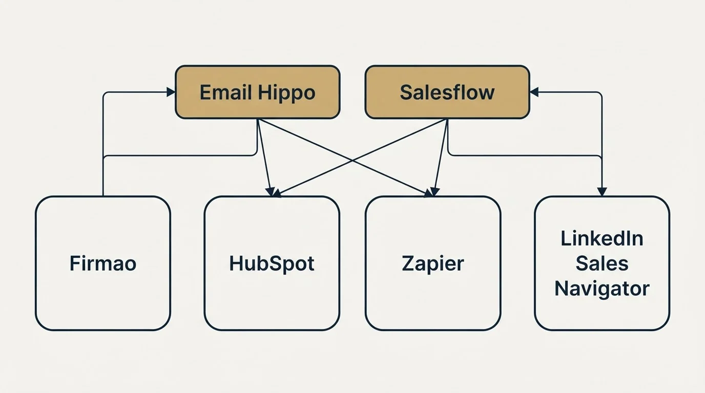 Integration grid: Integration Ecosystem (Email Hippo, Salesflow, HubSpot, Zapier)