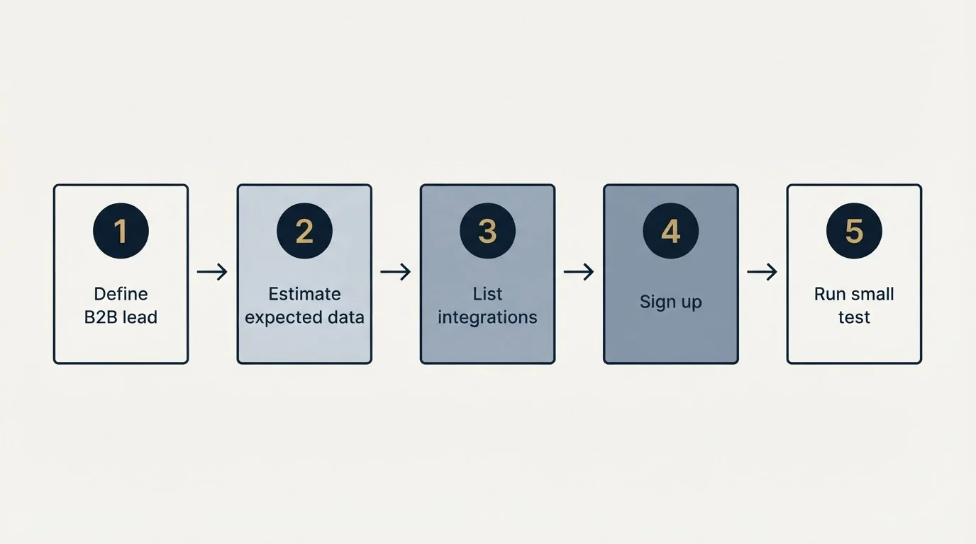 Step sequence: Getting Started Checklist (Define B2B lead, Estimate expected data, List integrations, Sign up)