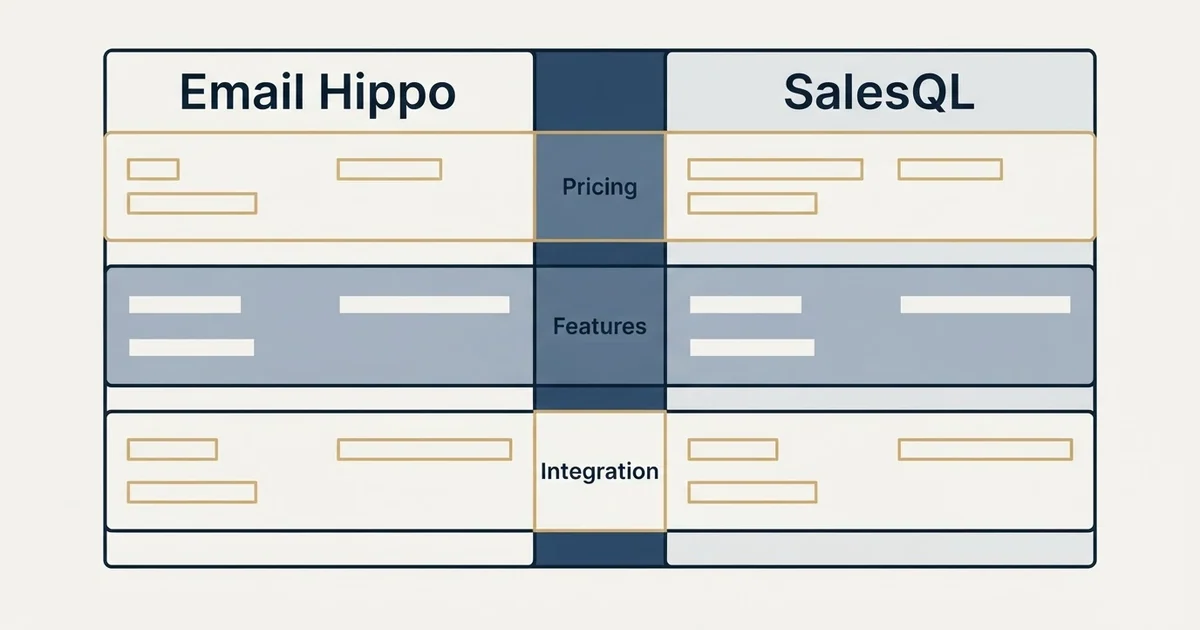 Comparison panel: Email Hippo vs SalesQL (Pricing, Features, Integration)