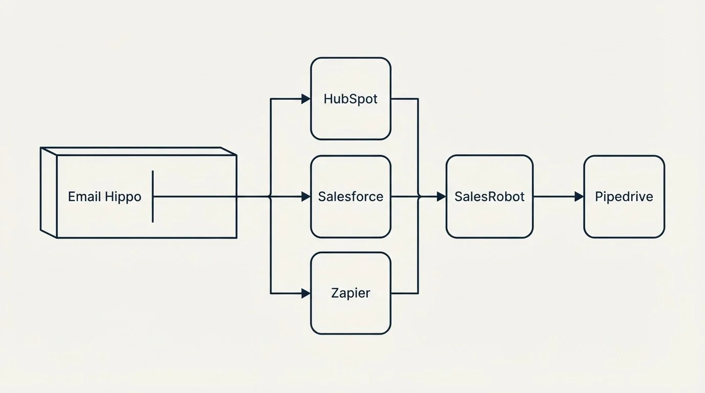 Integration flow: Integration Ecosystem (Email Hippo, SalesRobot, HubSpot, Salesforce)