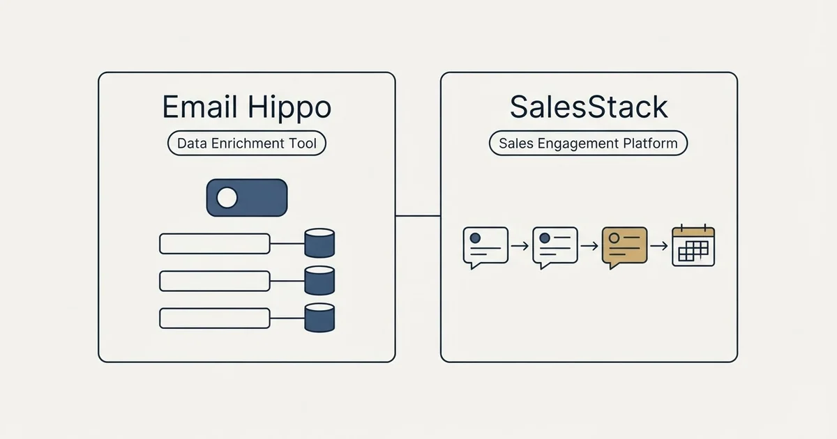 Side-by-side panels: Email Hippo vs SalesStack (Data Enrichment Tool, Sales Engagement Platform)