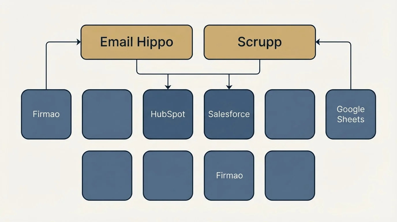 Integration grid: Integration Ecosystem (Email Hippo, Scrupp, HubSpot, Salesforce)