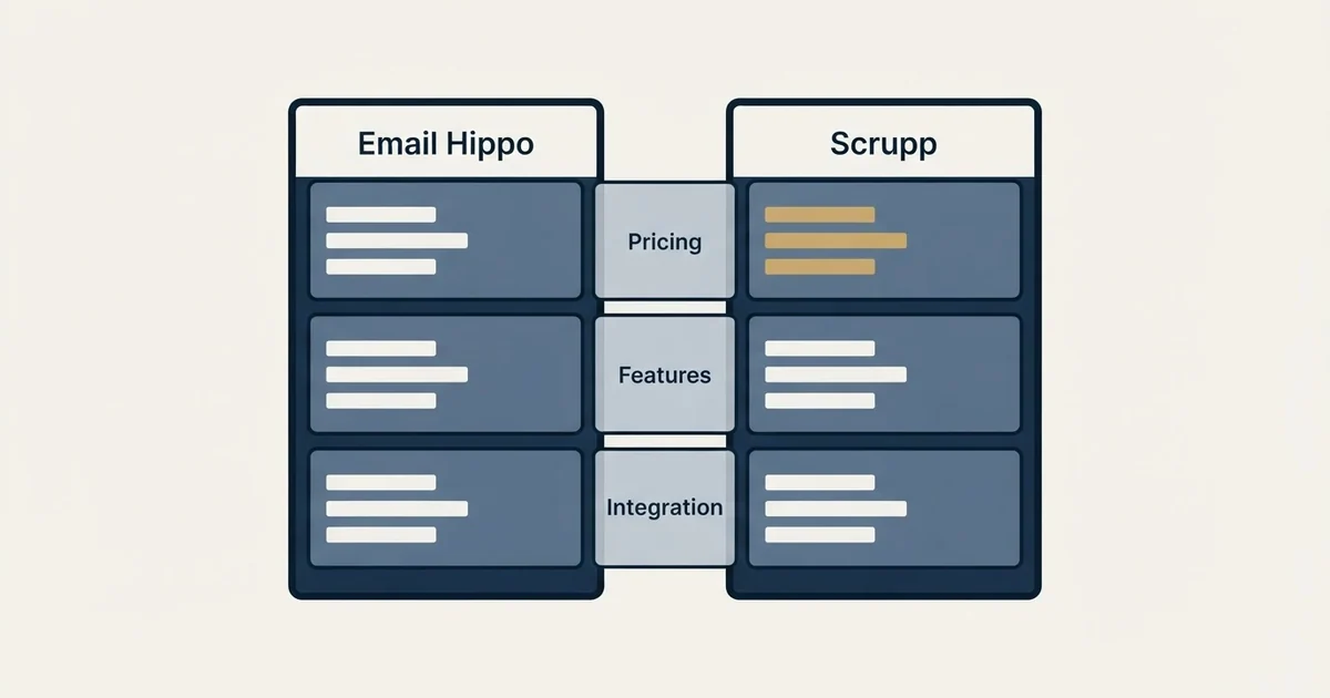 Comparison panel: Email Hippo vs Scrupp (Pricing, Features, Integration)