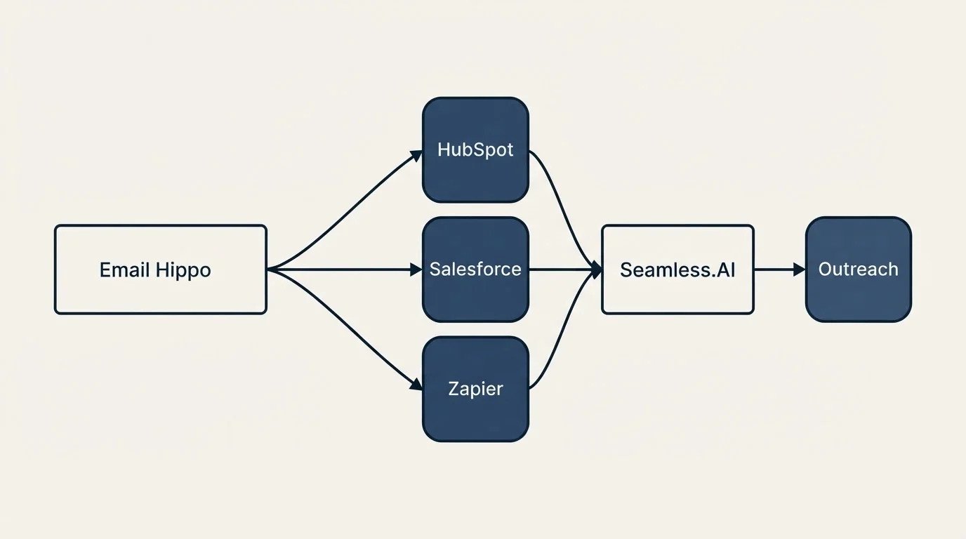 Integration schematic: Integration Ecosystem (Email Hippo, Seamless.AI, HubSpot, Salesforce)